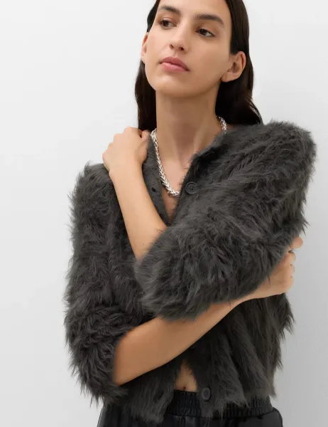 Marks & Spencer Textured Button Front Slim Cropped Cardigan Charcoal