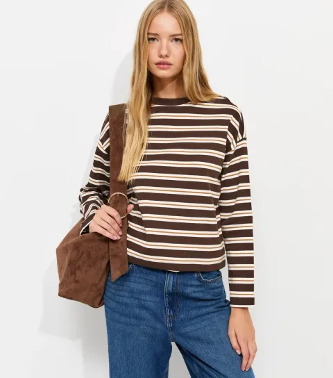New Look Women's Premium Brown Cotton Striped Long Sleeve Skater T-Shirt
