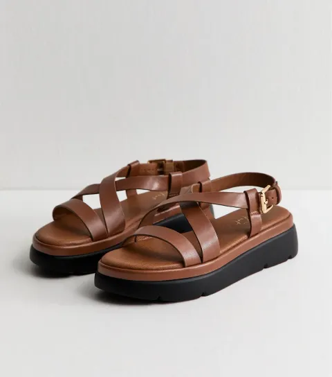 Women's Tan Faux Leather Crossover Strap Flatform Sandals Vegan