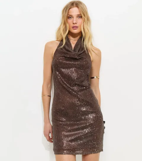 Women's Brown Sequinned Halter Cowl Neck Mini Dress