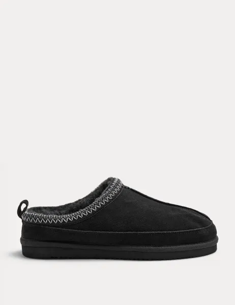 Marks & Spencer Suede Collared Embroidered Mule Slippers Black