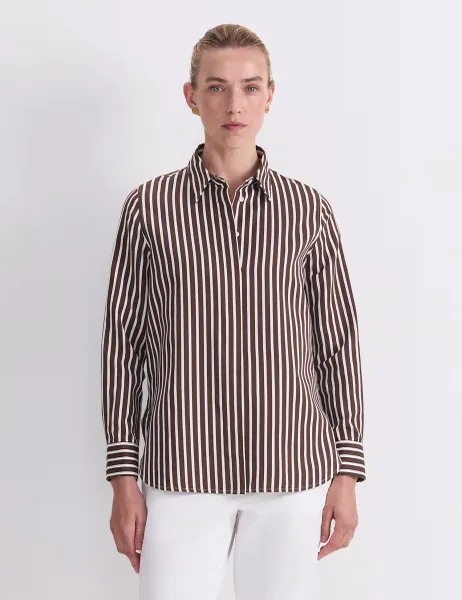 Cotton Rich Striped Shirt with Silk Brown
