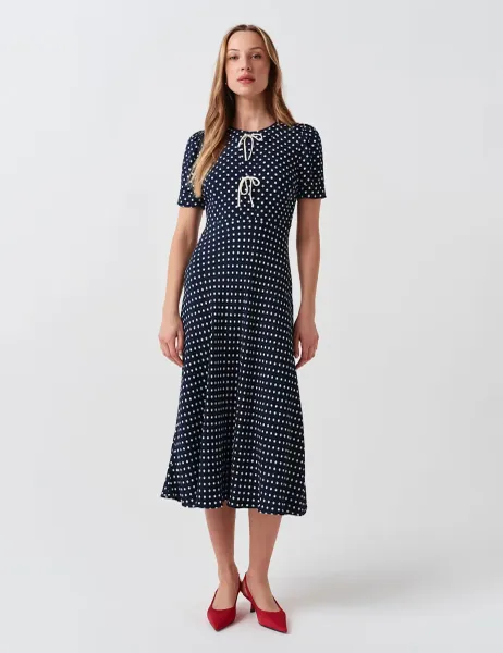 Ghost Polka Dot Tie Detail Midi Tea Dress Navy Mix