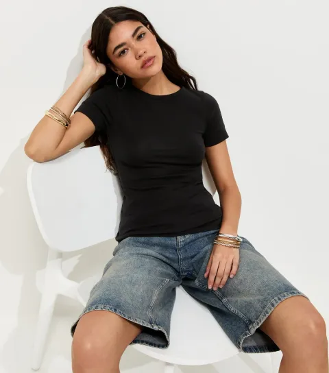 Women's Black Cotton Rich Deep Cuff Fitted Crew Neck T-Shirt
