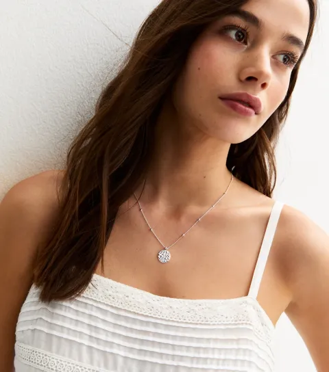 Silver Tone Textured Disc Charm Necklace