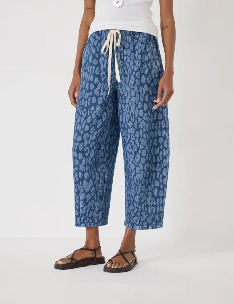 HUSH Leopard Print Drawstring Barrel Leg Cropped Jeans Light Blue Mix