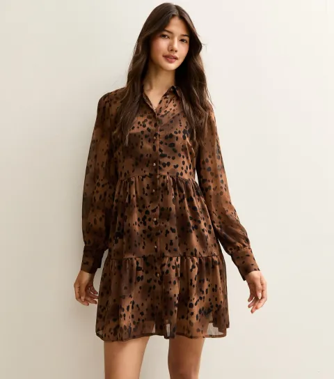 New Look Women's Brown Leopard Print Tiered Chiffon Mini Dress