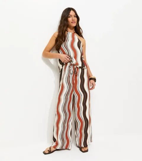 Women's Petite Brown Wave Print Wide Leg Trousers