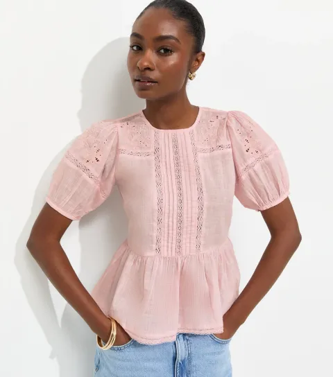 New Look Women's Light Pink Cotton Lace Trim Puff Sleeve Blouse