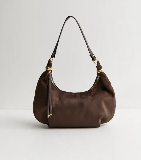 Brown Faux Suede Scooped Top Shoulder Bag Vegan