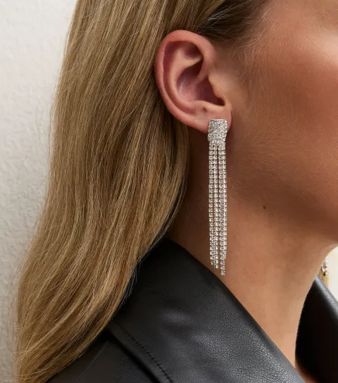 New Look Silver Tone Diamante Long Tassel Square Stud Drop Earrings