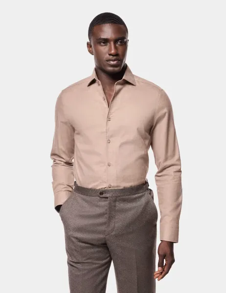 Hawes & Curtis Slim Fit Herringbone Cutaway Collar Brushed Shirt Beige