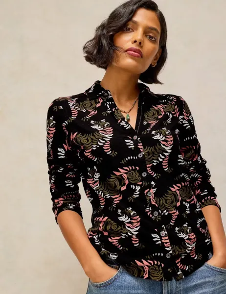 White Stuff Pure Cotton Printed Collared Shirt Black Mix