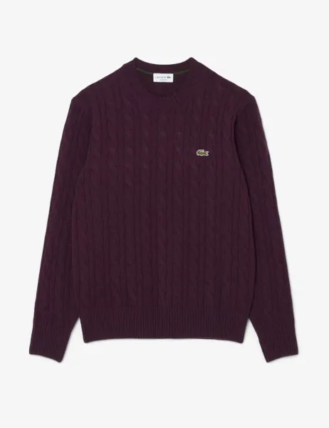 Lacoste Pure Wool Cable Knit Crew Neck Jumper Dark Red