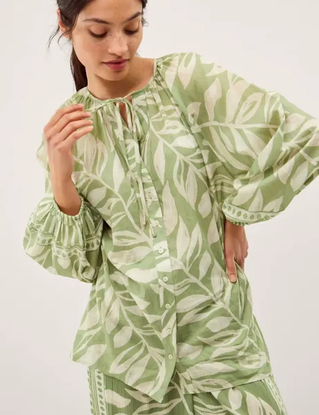 Monsoon Pure Cotton Leaf Print Tie Neck Blouse Green Mix