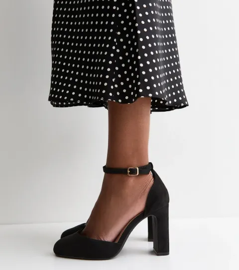 Women's Wide Fit Black Faux Suede Mary Jane Heels Vegan
