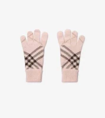Check Cashmere Blend Gloves in Bow pink