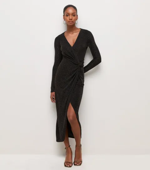 Women's Black Shimmer Wrap Midi Dress
