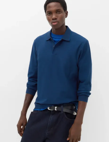 Marks & Spencer Cotton Rich Striped Long Sleeve Polo Shirt Navy