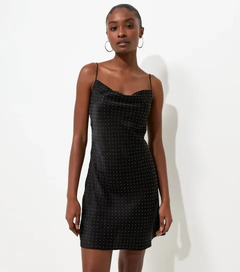 Women's Black Satin Gem Embellished Cowl Neck Mini Dress