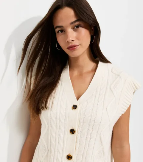 New Look Women's Off White Cable Knit V-Neck Waistcoat