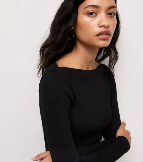 New Look Women's Black Cotton Rich Ribbed Long Sleeve Slash Neck Top