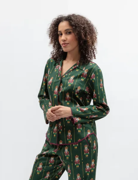 Family Christmas Cotton Modal Nutcracker Print Pyjama Top Green Mix