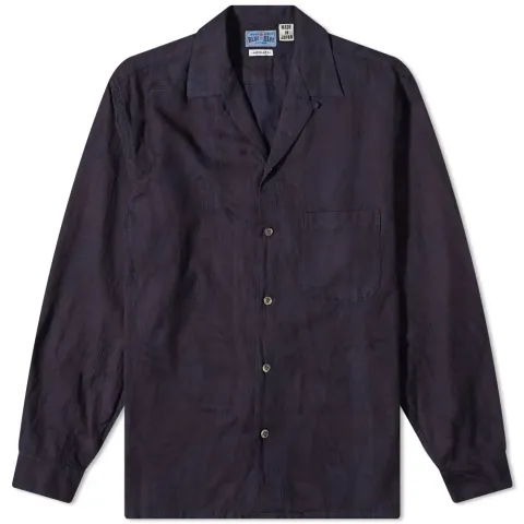Indigo Dyed Susuki Jacquard Open Collar Shir