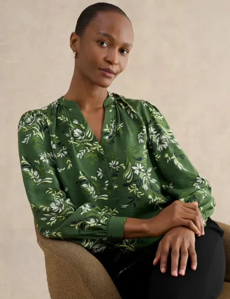 Hobbs Floral Notch Neck Blouse Green Mix
