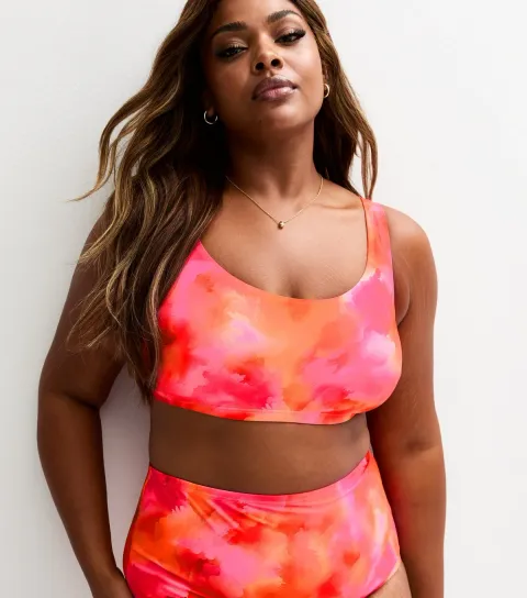 Women's Plus Size Pink Floral Print Bikini Crop Top Curves