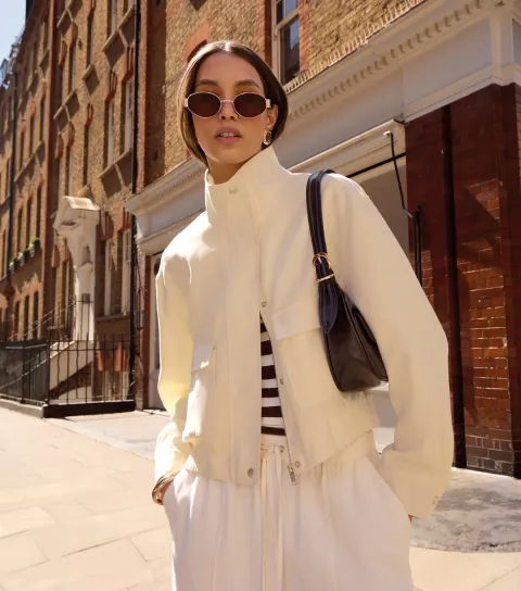 Women's Cream High Neck Zip Up Utility Bomber Jacket