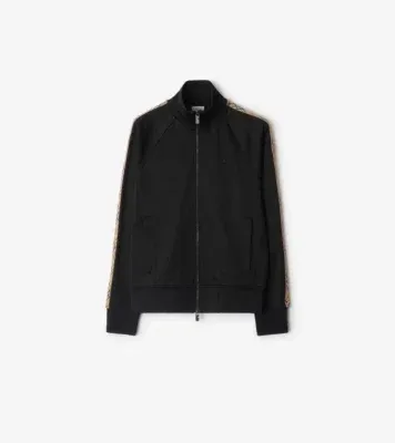 Check Trim Cotton Blend Track Jacket in Black