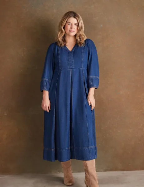 Live Unlimited London Pure Cotton Denim V-Neck Midaxi Dress Blue Denim