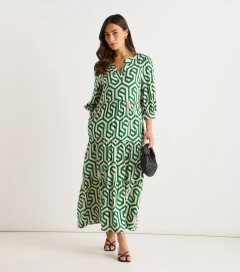 Women's Green Abstract Print Long Sleeve Maxi Dress