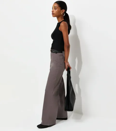 Women's Dark Grey Twill High Waist Stretch Wide Leg Jeans