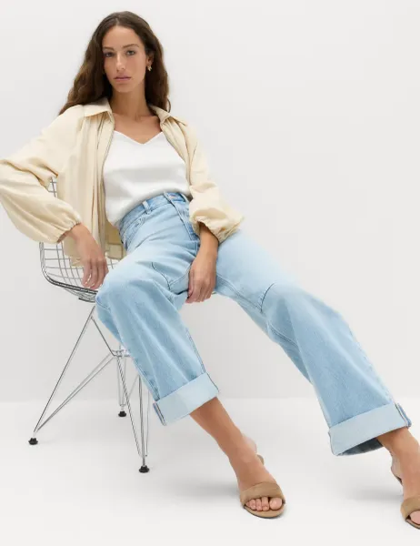 Marks & Spencer High Waisted Barrel Turn Up Jeans Light Indigo