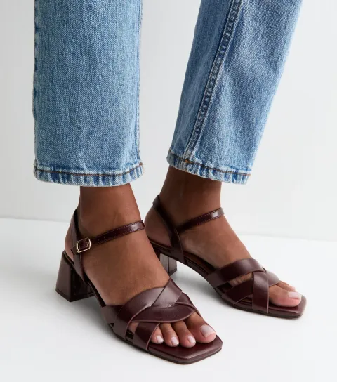 Women's Dark Burgundy Faux Leather Interwoven Strap Block Heel Sandals Vegan