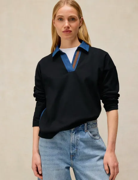White Stuff Pure Cotton Denim Detail Rugby Top Navy