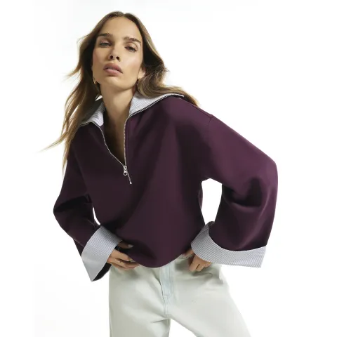River Island Burgundy Stripe Half Zip Sweatshirt