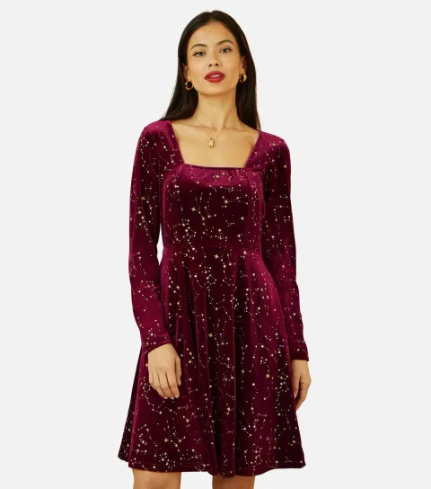 Women's Burgundy Constellations Foil Mini Dress