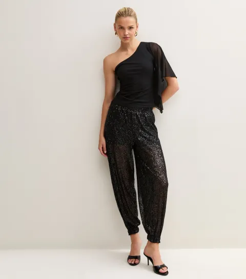 New Look Women's Black Sequin Embellished Cuffed Trousers