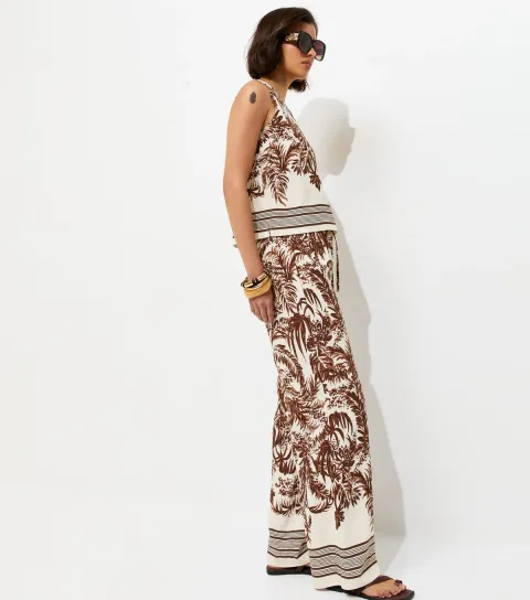 Women's Brown Palm Tree Print Wide Leg Trousers