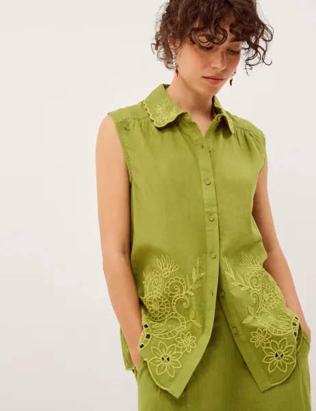 Monsoon Pure Cotton Floral Embroidered Collared Shirt Green