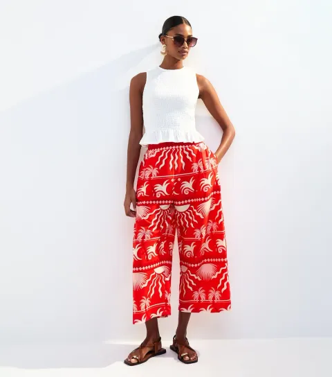 New Look Women's Red Lightweight Sun Palm Tree Print Crop Trousers