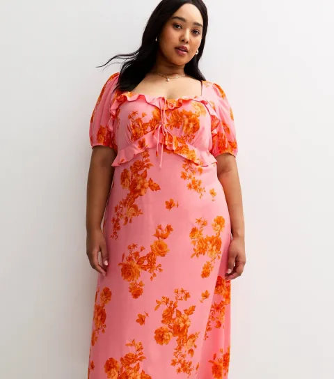 Women's Plus Size Pink Floral Print Ruffle Trim Milkmaid Midi Dress Curves