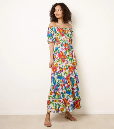 Women's Multicolour Bardot Tiered Maxi Dress