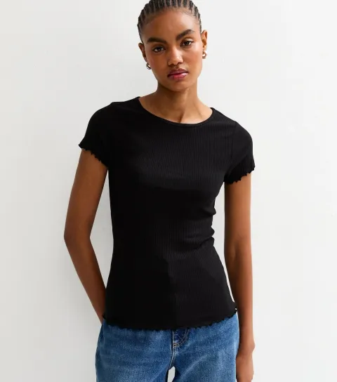 Women's Tall Black Ribbed Jersey Lettuce Trim Tee