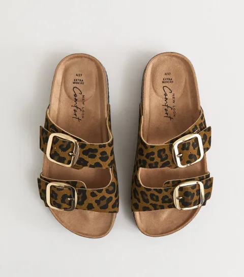 New Look Women's Extra Wide Fit Brown Leopard Print Cork Sole Double Strap Mule Sandals Vegan