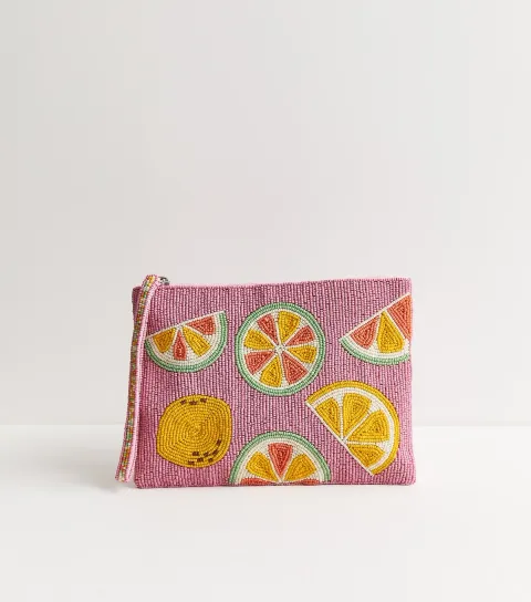 Pink Beaded Fruit Zip Pouch