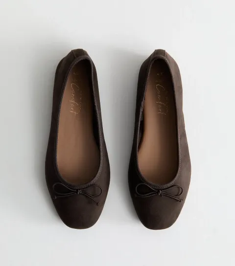 Women's Wide Fit Brown Faux Suede Ballerina Flats Vegan